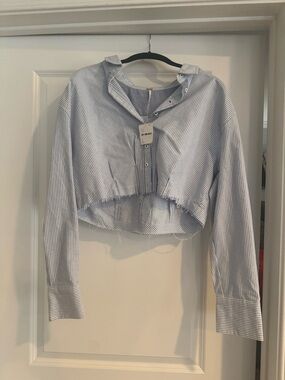 Free People Cropped Blue & White Pinstripe Button-Up Shirt